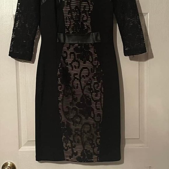 WOMENS size M~ BLACK LACE FAUX LEATHER INSERTS~ 3/4 SLEEVE~ BODYCON  .. - Picture 2 of 9